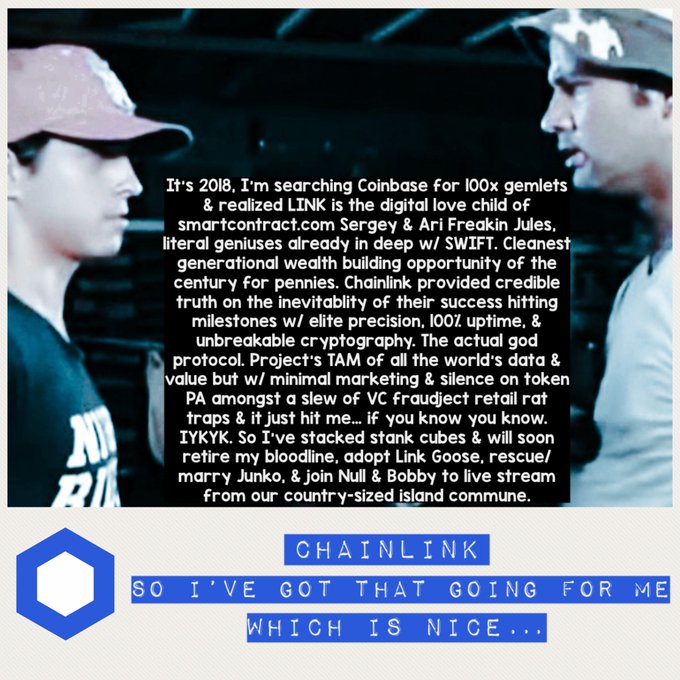 A meme featuring two men in caps with a green-screen text overlay declaring "$LINK" the "digital love child" of Sergey & Ari, and the "actual god protocol," captioned "CHAINLINK - SO I'VE GOT THAT GOING FOR ME WHICH IS NICE..." — a humorous celebration of Chainlink's bootstrap success, leadership trust, and supposed inevitability that complements the post's bullish "$LINK" thesis.