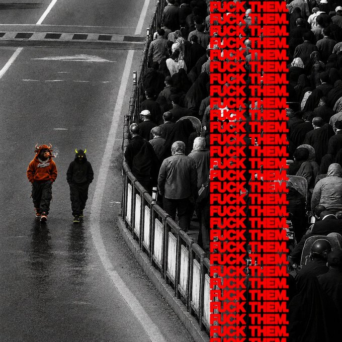 A black-and-white photo of two children walking alone on a wet street while a crowd watches, overlaid with the red text 'FUCK THEM' repeated down the right side.