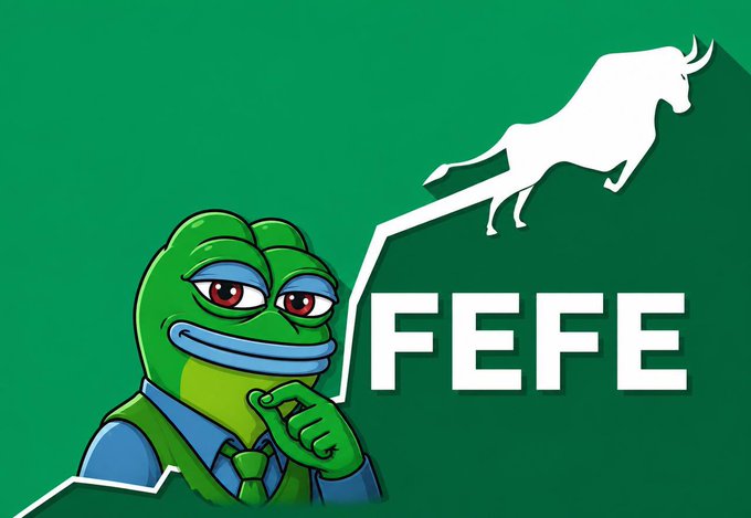 A Pepe the Frog meme wearing a blue suit with a tie, thinking thoughtfully next to a white bull illustration and the text 'FEFE' on a green background.