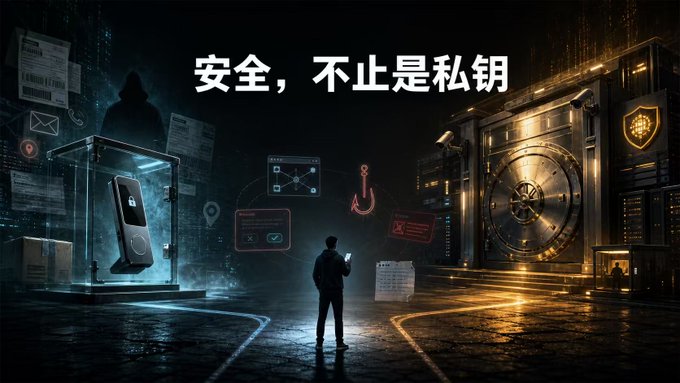Dark security-themed banner with Chinese text '安全，不止是私钥' (Security is more than just a private key) showing imagery of a hooded figure, a locked smartphone display case, a large vault, and a person looking at a glowing screen.