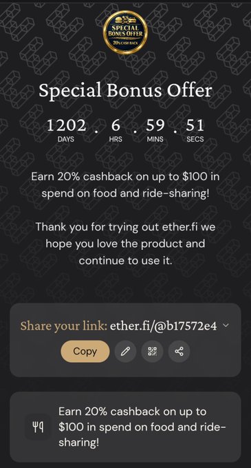 A 'Special Bonus Offer' screen from ether.fi showing a countdown timer of 1202 days, offering 20% cashback on up to $100 in food and ride-sharing spend, with a referral link 'ether.fi/@ab17572e4'.