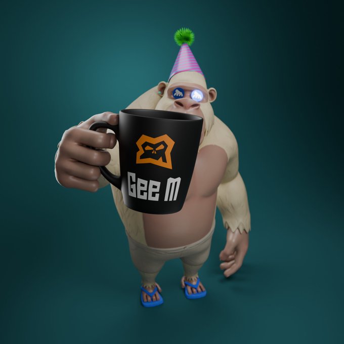 A 3D-rendered monkey character wearing a party hat, glowing glasses, and blue flip-flops holds a black mug featuring a fox logo and the text 'Gee M'.