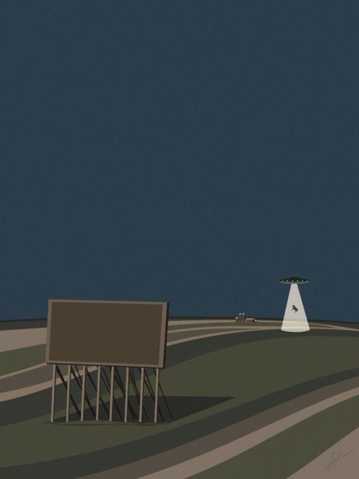 A minimalist digital illustration depicts a barren billboard and a UFO abducting a figure in a sweeping field under a dark blue sky, cleverly visualizing the concept of selling empty advertising space on NFTs—where the billboard stands ready for promotion while the extraterrestrial scene suggests the surreal, otherworldly value of the digital "real estate."