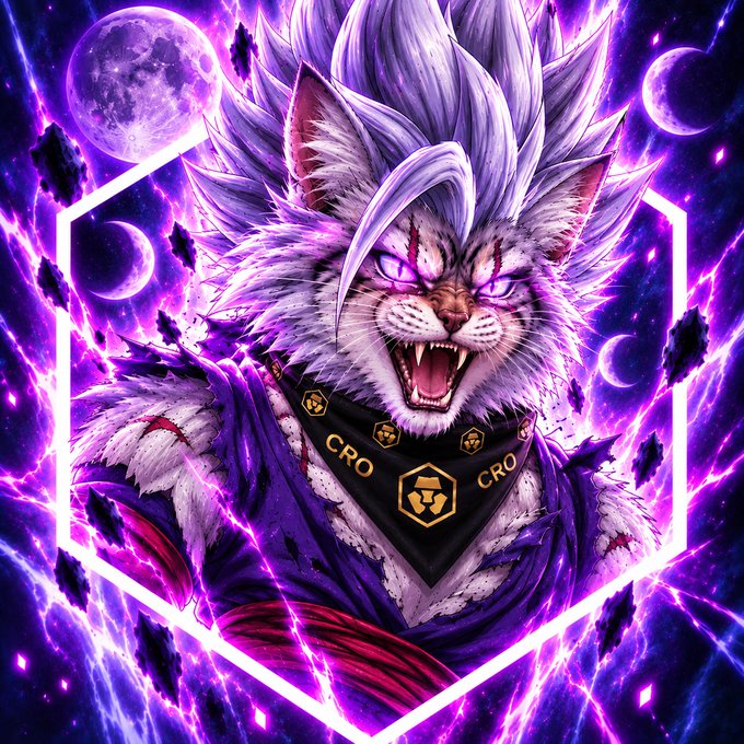 A vibrant digital artwork depicts a snarling anthropomorphic cat with purple fur, wearing a bandana labeled 'CRO', set against a cosmic purple background with moons and lightning.
