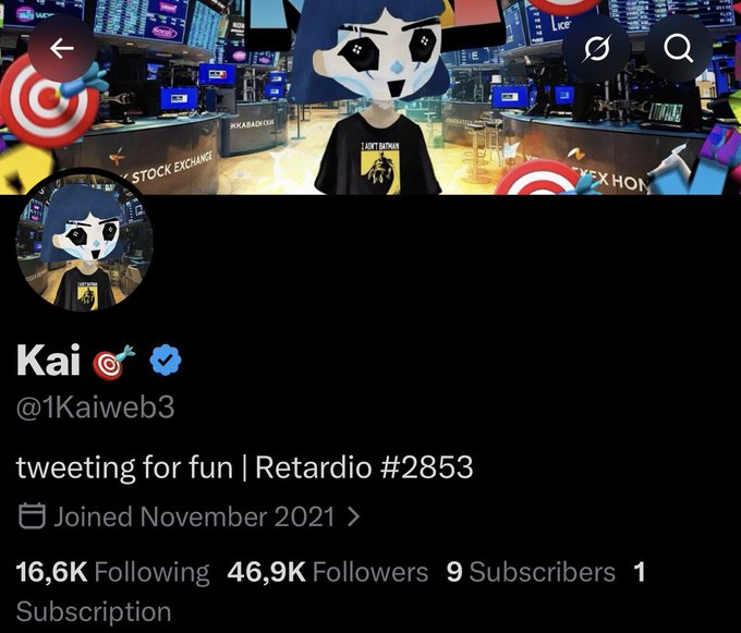 A Twitter/X profile page for user 'Kai' (@1Kaiweb3), bio reads 'tweeting for fun | Retardio #2853', with 16.6K Following, 46.9K Followers, and 9 Subscribers, featuring a blue-haired anime-style avatar.