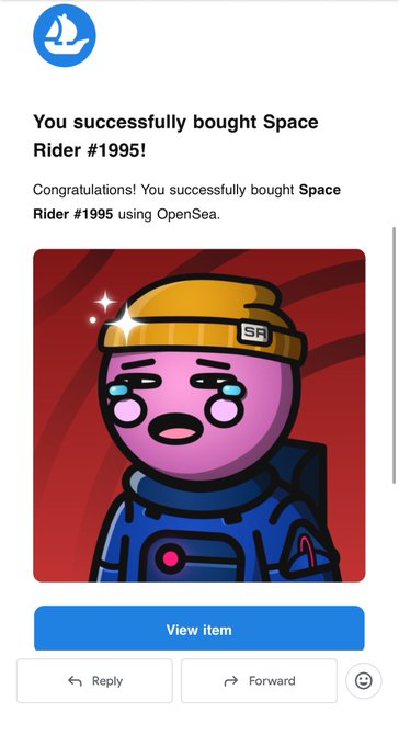 A notification confirming 'You successfully bought Space Rider #1995!' via OpenSea, accompanied by a cartoon illustration of a sad pink character wearing a yellow helmet.