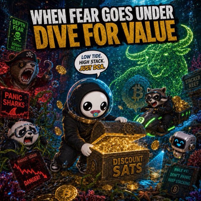 A colorful underwater-themed crypto poster reading 'WHEN FEAR GOES UNDER DIVE FOR VALUE,' featuring a panda in a diving suit with the quote 'LOW TIDE, HIGH STACK. JUST D.C.A.' alongside warnings like 'PANIC SHARKS,' 'MARKET SQUAWK DANGER,' and a treasure chest labeled 'DISCOUNT SATS'.