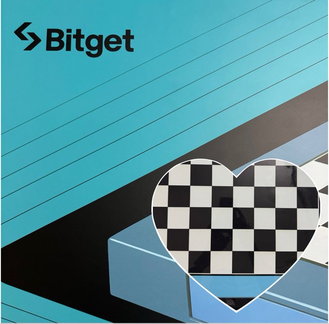 A Bitget promotional image featuring a turquoise background with the Bitget logo and a checkered heart design.