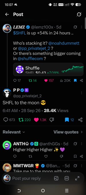A screenshot of a Twitter/X post thread about $SHFL token, showing a tweet from LEMZ (@lemz100x) stating the token is up 54% in 24 hours and asking who's stacking it, followed by replies including one from PP (@pp_privatejet_2) saying "$HFL to the moon" with 28.4K views.