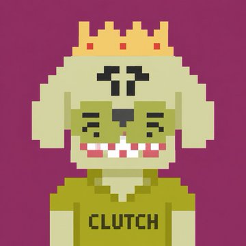 A pixel-art NFT portrait of a crowned monkey character wearing a shirt that says 'CLUTCH' against a maroon background.