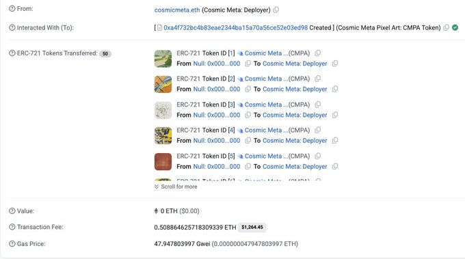 Blockchain transaction details showing ERC-721 tokens transferred from cosmicmeta.eth to a wallet address, with a transaction fee of approximately $1,244.45 and a gas price of 47.947803997 Gwei.