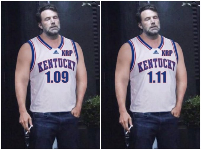 A side-by-side composite image showing a man wearing a white "KENTUCKY" basketball jersey with blue and red trim; the left side shows "XRP 1.09" and the right side shows "1.11", with the man appearing slightly heavier in the left image.