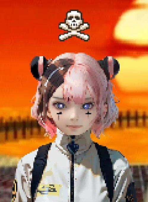 The image shows a pixelated anime-style character with pink and black hair, wearing a white jacket, set against an orange sunset background with a skull and crossbones icon above them. The post mentions a "project aeon" from spx6900, suggesting this character represents their new avatar or character for the SPX6900 cryptocurrency project.