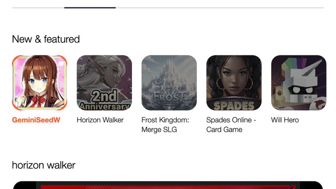 A "New & featured" section displays five mobile game icons, with "GeminiSeedW" highlighted as the first tile in orange, followed by "Horizon Walker" (showing "2nd Anniversary" art), "Frost Kingdom: Merge SLG," "Spades Online - Card Game," and "Will Hero." Below, a "horizon walker" heading appears with a partially visible red banner. The image supports the post by confirming Gemini Seed's top placement on the New & Featured shelf, directly ahead of Horizon Walker and Frost Kingdom.