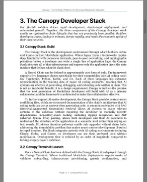 A page from an academic paper titled '3. The Canopy Developer Stack', detailing components like the Canopy Stack, Canopy Terminal Launch, and blockchain development framework.