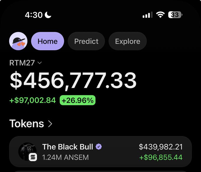 The image shows a crypto portfolio tracker displaying a wallet (RTM27) valued at $456,777.33 with a +$97,002.84 (+26.96%) gain, prominently featuring "The Black Bull" token holding of 1.24M ANSEM worth $439,982.21, which directly relates to the post about unexpectedly receiving an $ANSEM airdrop.
