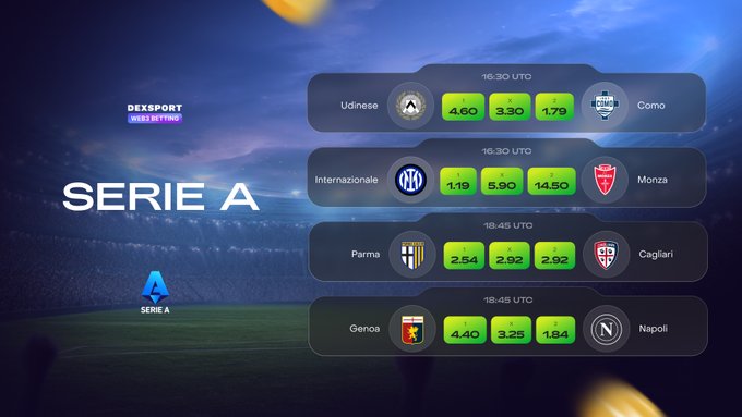 A DexSport promotional graphic showing Serie A football betting odds for matches including Udinese vs Como, Internazionale vs Monza, Parma vs Cagliari, and Genoa vs Napoli.