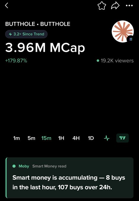 A crypto tracking app displays a token called "BUTTHOLE" with a market cap of 3.96M, up 179.87%, noting "Smart money is accumulating — 8 buys in the last hour, 107 buys over 24h."