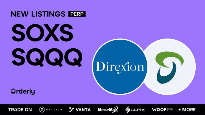 The image is a promotional graphic on a purple background announcing "NEW LISTINGS PERP" for two leveraged ETFs—**SOXS** (Direxion's 3x inverse semiconductor ETF) and **SQQQ** (3x inverse Nasdaq 100 ETF)—now available for perpetual trading through Orderly-powered DEXs like Raydium, Vanta, MemeMax, Alpix, Woofi, and more.

The post notes these new perpetual listings let traders long or short both inverse ETFs across 500+ Orderly-powered DEXs, with the graphic showcasing the Direxion and Orderly logos alongside partner platform branding.