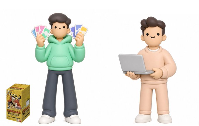 Two 3D cartoon-style figures - one in a green hoodie holding up collectible cards next to a Nintendo trading card box, and another in pink holding a laptop - presented on a white background.