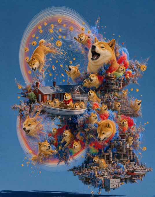 A vibrant surreal digital artwork featuring numerous Shiba Inu (Doge) dogs, floating structures, houses, boats, and gold coins set against a blue background with a rainbow swirl.