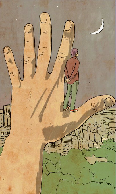 A surreal illustration of a tiny man in a red jacket standing on the palm of a giant hand, gazing toward a crescent moon above a miniature landscape.