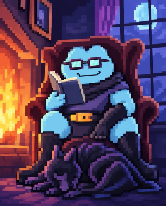 A blue, bespectacled pixel art character relaxes in a cozy armchair by a fireplace, enjoying a book by moonlight. The warm, scholarly vibe mirrors the post's theme of studying and preparing for a busy new month with TMF's contract and OpenSea page launch.