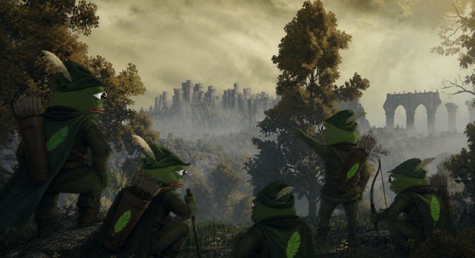 A group of frog warriors in green hoods and Robin Hood-style feathered caps gaze toward a distant foggy castle and ancient aqueduct ruins, equipped with quivers of arrows. The fantasy scene evokes a fellowship of archer companions, fitting the "frog frens" theme and the Ethereum contract address shared as a token identifier for the community.