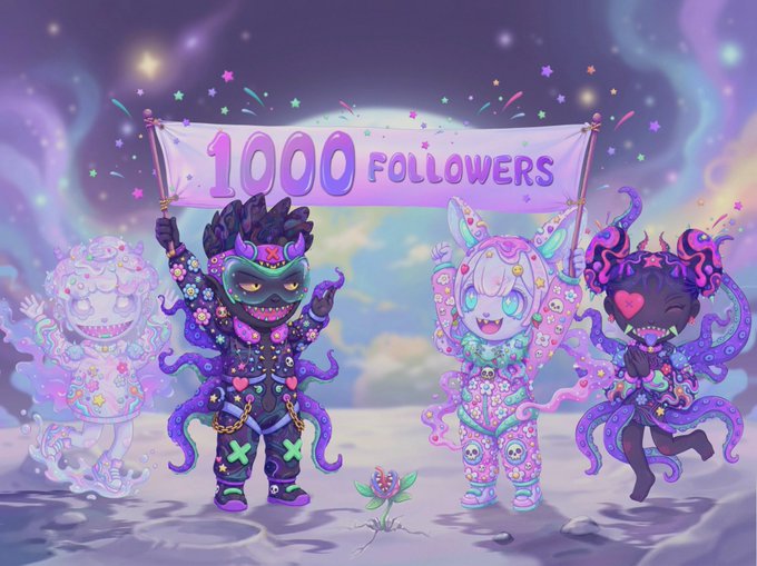 Four cute chibi-style characters holding a "1000 FOLLOWERS" banner under a confetti shower in a whimsical pastel-colored fantasy landscape.