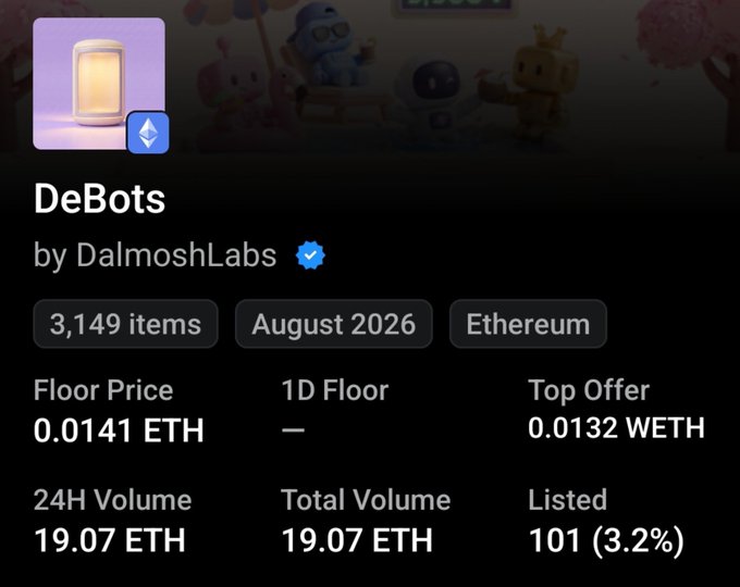 An NFT collection page showing "DeBots by DalmoshLabs" with a verified checkmark, displaying 3,149 items from August 2026 on Ethereum, with a floor price of 0.0141 ETH and 24H volume of 19.07 ETH.