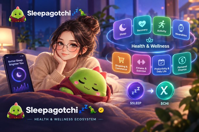 A promotional graphic for 'Sleepagotchi,' a health and wellness ecosystem featuring a girl holding a green dragon-like mascot, a smartphone displaying 'Better Sleep Brighter You,' and various wellness app icons (Sleep, Recovery, Activity, Wearables, Shopping, Fitness, Productivity, Personal Finance) with $SLEEP and $CHI token branding.