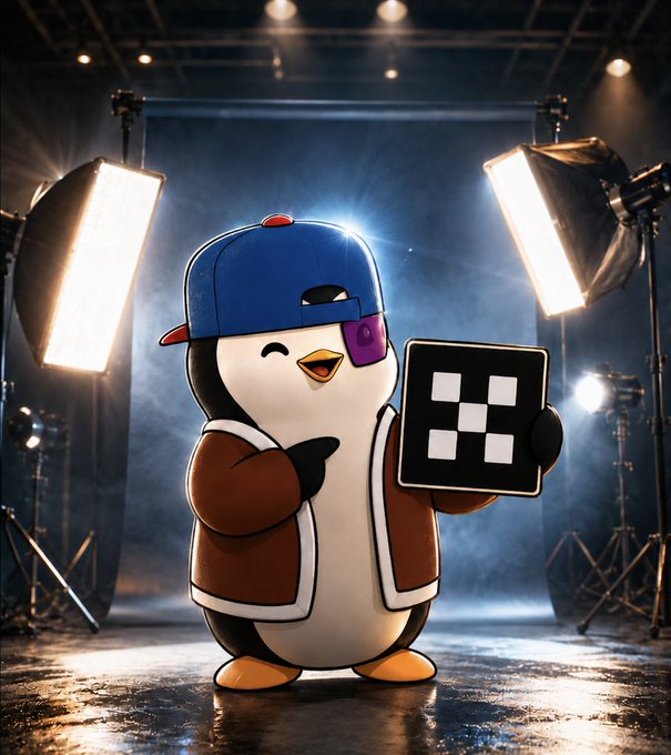 In the image, a cartoon penguin is standing confidently on a stage, holding a small square object that has a # symbol on it, suggesting that he might be participating in an event or exhibition related to OKXmaxxing. The penguin appears to have just signed a contract for this brand new project and is proudly announcing his role as a creator of the @okx platform. The background of the image features two large lights, one on each side of the stage, further emphasizing that it's an event or exhibition setting.