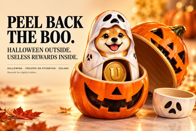 A Halloween-themed promotional banner featuring a cute dog dressed as a ghost inside an orange jack-o'-lantern, with text 'PEEL BACK THE BOO. HALLOWEEN OUTSIDE. USELESS REWARDS INSIDE.' for a HALLOWINU token on Stonkfun (Solana).