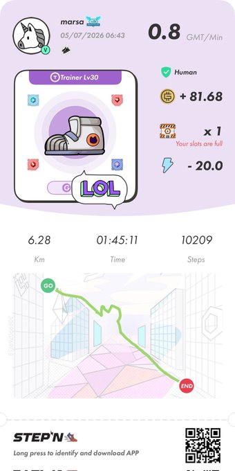 A STEPN app screenshot showing fitness stats for user 'marsa' including 6.28 km, 01:45:11 time, 10209 steps, and earnings of +81.68 GMT.