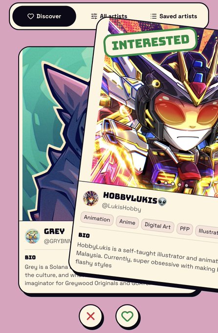 A dating app interface showing two artist profiles: 'GREY @GRYBNK' and 'HOBBYLUKIS @LukisHobby' (marked 'INTERESTED') with 'Discover' and navigation options.