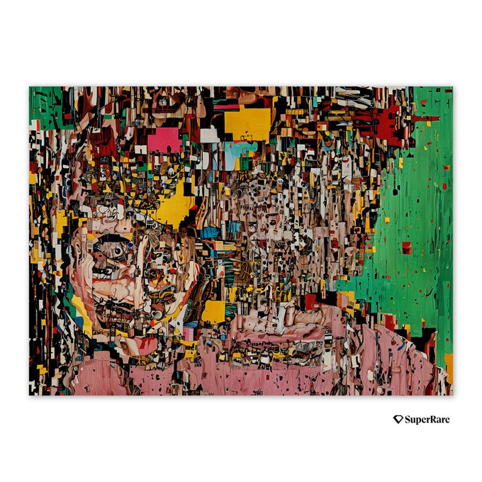 A colorful, abstract digital artwork featuring a fragmented, cubist-style portrait of a person, with a 'SuperRare' logo in the bottom right corner.