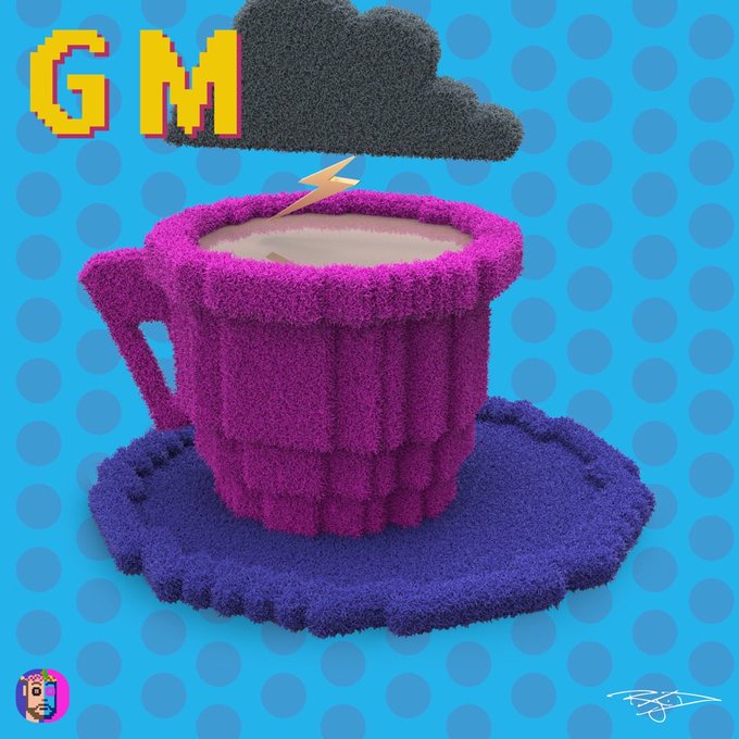 A colorful, fuzzy 3D-style digital art piece featuring a purple mug of coffee on a saucer with a dark cloud raining above it and a lightning bolt symbol, set against a blue polka-dot background with 'GM' in yellow pixelated letters.