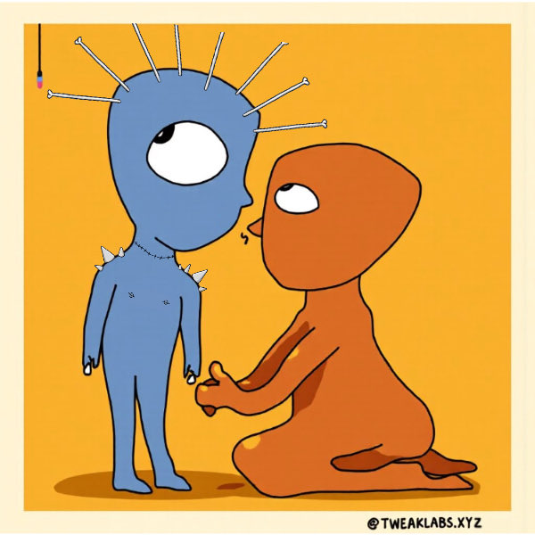 A cartoon illustration signed '©TWEAKLABS.XYZ' depicts a blue alien with pins and needles in its head being embraced by a kneeling orange alien against a yellow background.