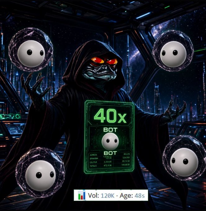 A dark sci-fi image of a hooded figure with glowing red eyes surrounded by floating spherical creatures, with a green stats card showing "40x BOT" and trade volume of 120K.