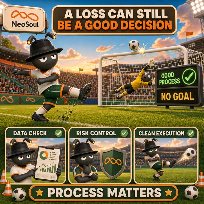 A NeoSoul promotional graphic titled 'A LOSS CAN STILL BE A GOOD DECISION' features cartoon ant mascots playing soccer with the message 'PROCESS MATTERS'.
