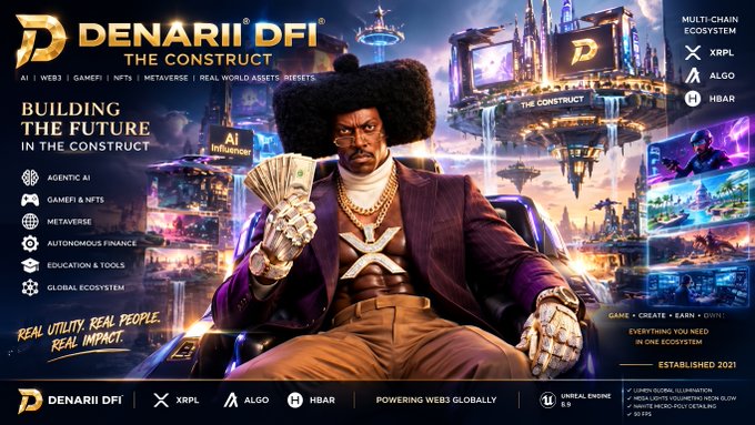 A promotional banner for DENARII DFI 'The Construct' cryptocurrency ecosystem, multi-chain on XRPL, ALGO, and HBAR, featuring a man holding money with text 'BUILDING THE FUTURE IN THE CONSTRUCT' and 'REAL UTILITY. REAL PEOPLE. REAL IMPACT.'