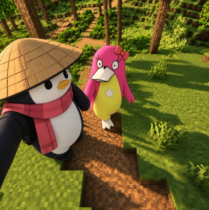 A Minecraft-style 3D render shows a penguin character wearing a straw hat and red scarf standing next to a pink penguin with a star on its belly and a red bow, set in a blocky forest environment.