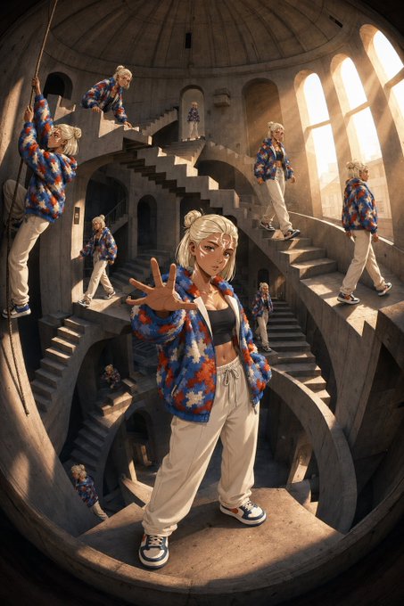 A young woman with white hair in a vibrant blue and red patterned fleece jacket stands confidently with her hand outstretched, surrounded by multiple versions of herself exploring an Escher-like infinite staircase filled with light and shadow. The surreal, mind-bending architecture visually mirrors the chaotic question of figuring out how to make money in Web3 this week.
