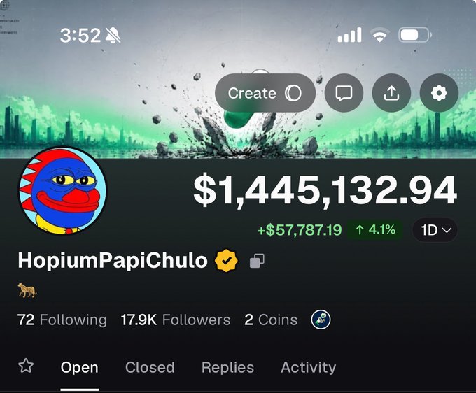 The image shows a Robinhood portfolio screenshot for user "HopiumPapiChulo" displaying a total balance of $1,445,132.94 with a daily gain of +$57,787.19 (4.1%), humorously illustrating the post's complaint about having a "bad day" despite being up $54K.