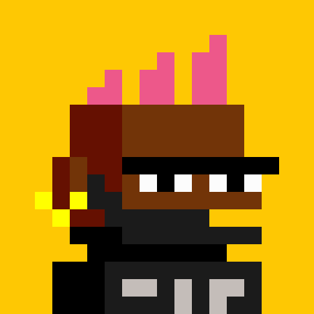 A pixel art illustration of a character with pink mohawk-like spikes, dark skin, and teeth bared against a yellow background.