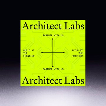 A neon green graphic design with bold black text reading 'Architect Labs' at the top and bottom, featuring a circuit-board pattern and a central cross design with the phrases 'PARTNER WITH US' and 'BUILD AT THE FRONTIER.'
