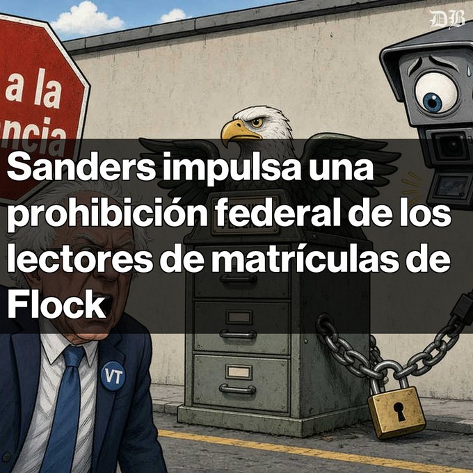 A Spanish-language satirical news illustration showing Bernie Sanders with text 'Sanders impulsa una prohibición federal de los lectores de matrículas de Flock' (Sanders pushes federal ban on Flock license plate readers), depicting an eagle on a locked filing cabinet next to a surveillance camera.