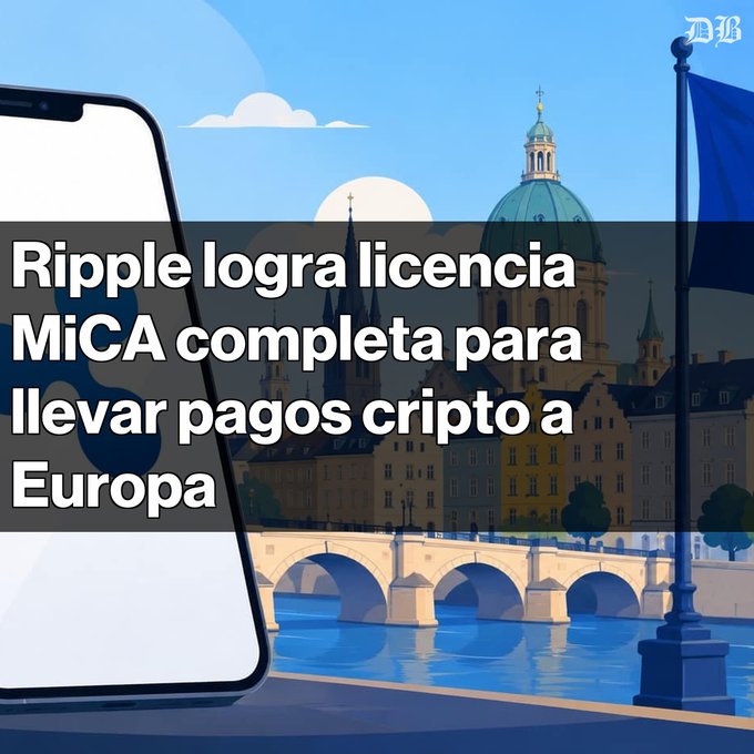 A news graphic with an illustrated European cityscape, a smartphone displaying the Ripple logo, and Spanish text reading 'Ripple logra licencia MiCA completa para llevar pagos cripto a Europa'.