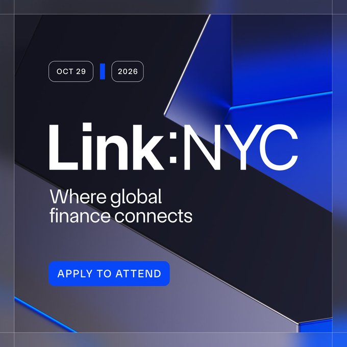 A promotional graphic for the Link:NYC event dated October 29, 2026, featuring a sleek blue geometric background with the event logo and tagline "Where global finance connects," alongside an "Apply to Attend" call-to-action button. The image visually anchors the accompanying post highlighting five key agenda questions on tokenization, agentic finance, market infrastructure, digital cash, and capital markets interoperability.