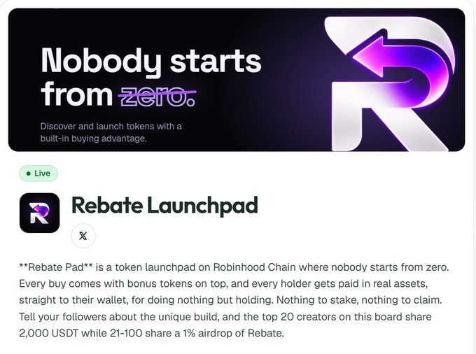 An advertisement for 'Rebate Launchpad' features the text 'Nobody starts from zero.' and explains a token launchpad on Robinhood Chain.